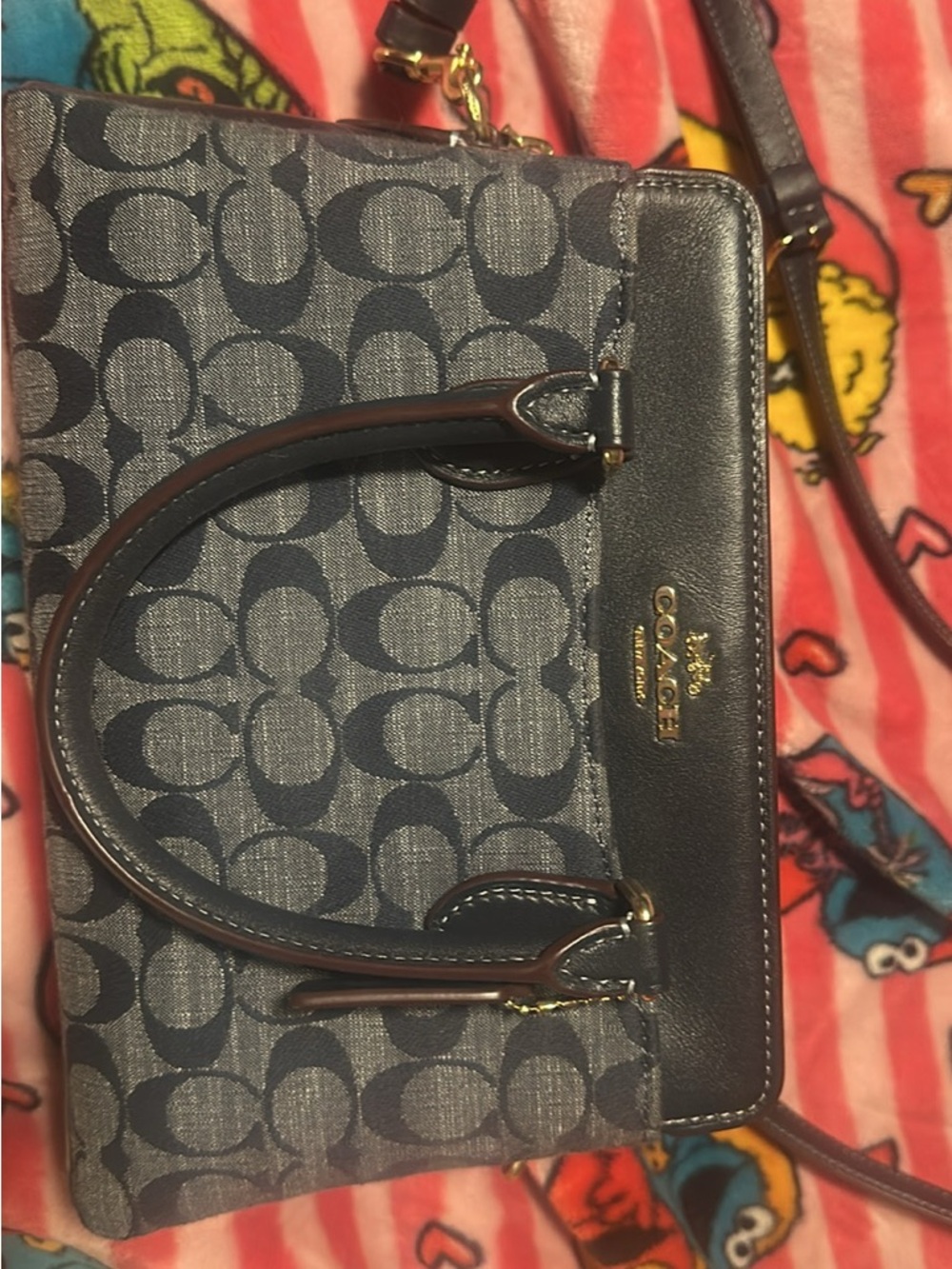 Coach Navy Signature Canvas Satchel with Brown Trim